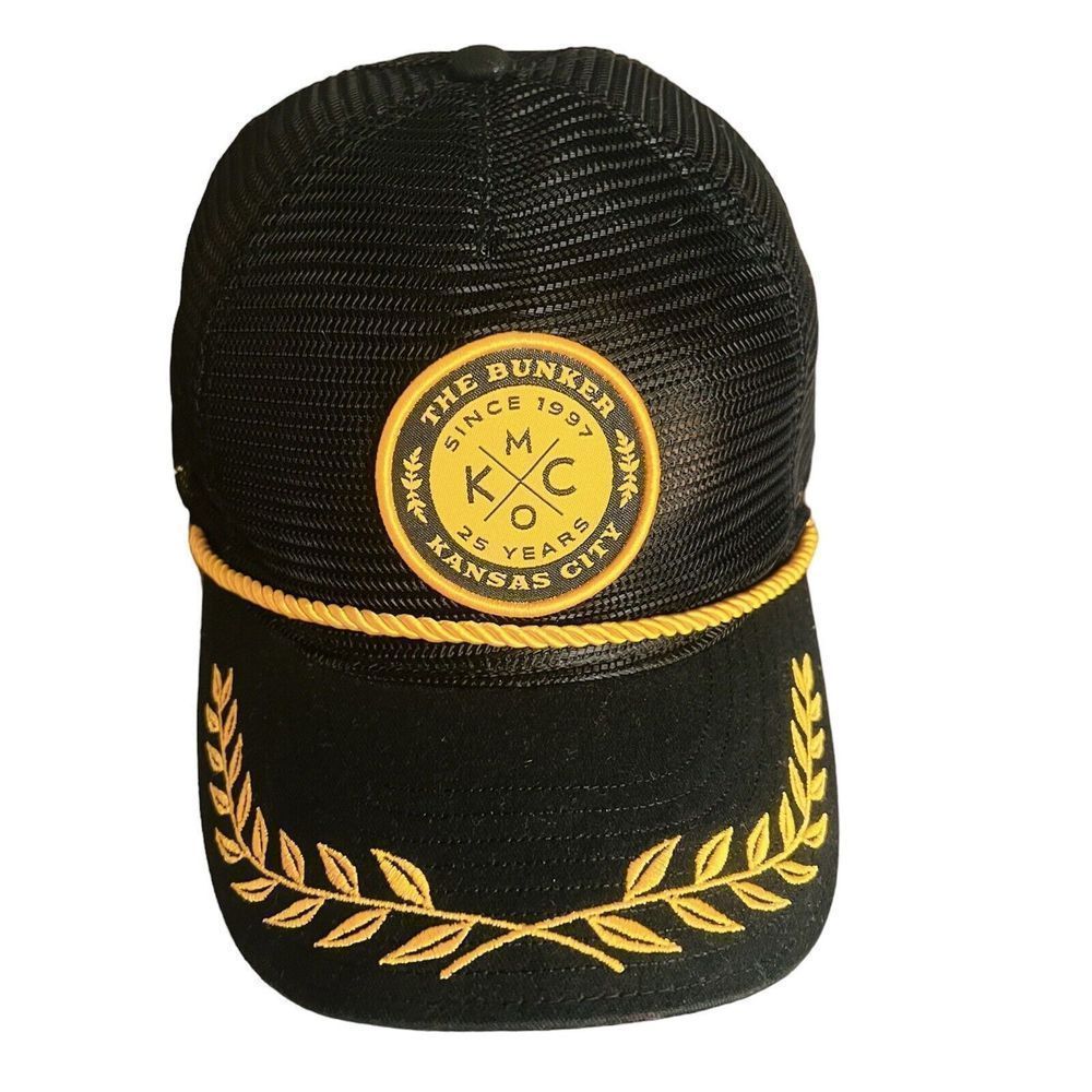 RARE The Bunker Bunker Kansas City 25th Anniversary Trucker CAP Black Gold KCMO